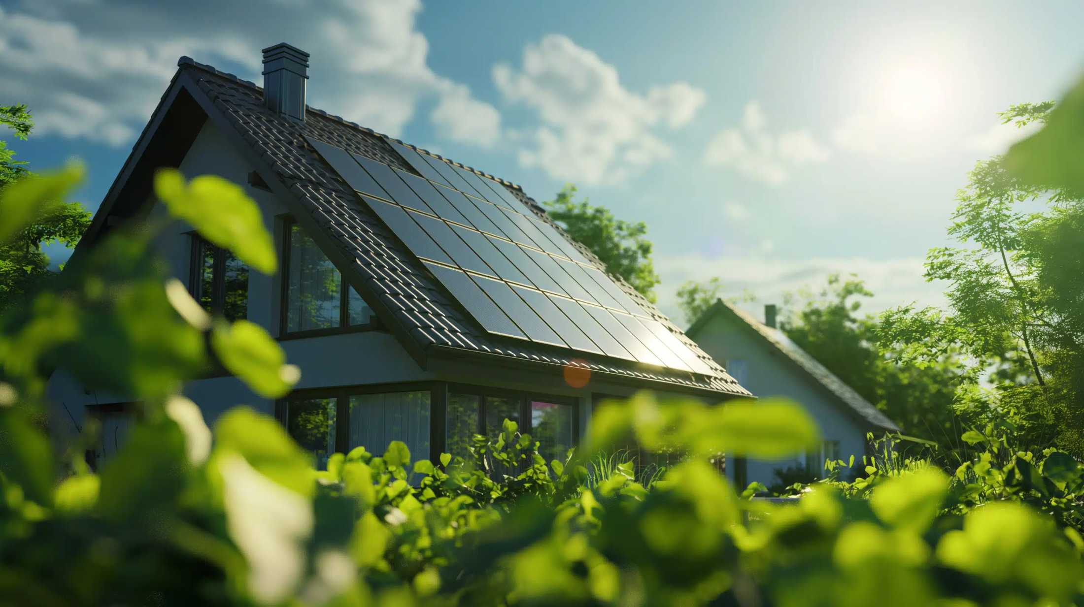House with solar panels surrounded by greenery against a blue sky