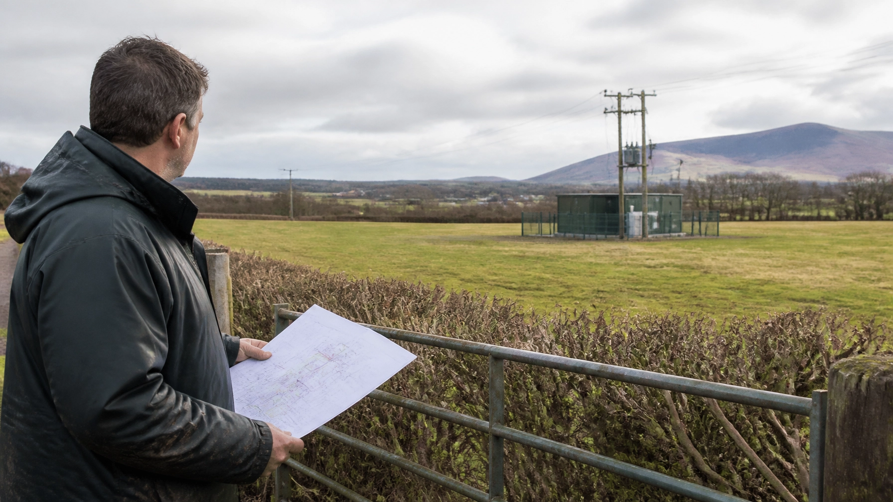 Farmer reviewing a potential solar farm site near rural grid infrastructure