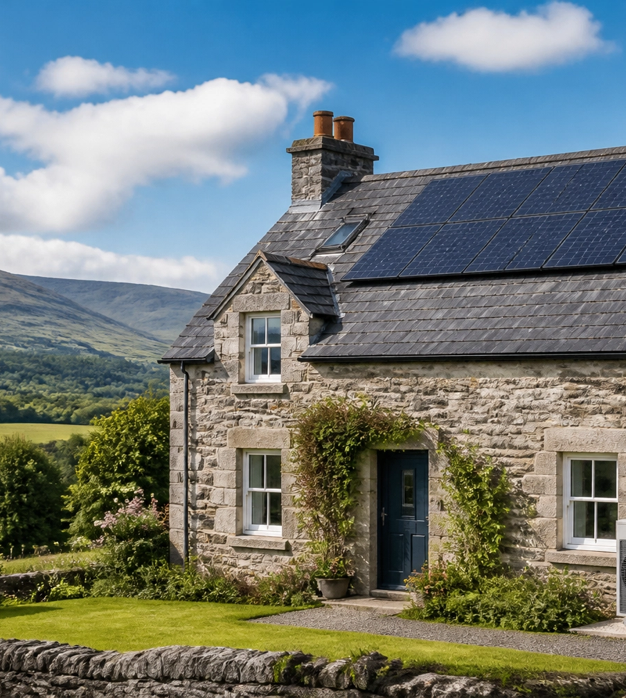 Image of a perthshire home with solar panels and a heat pump