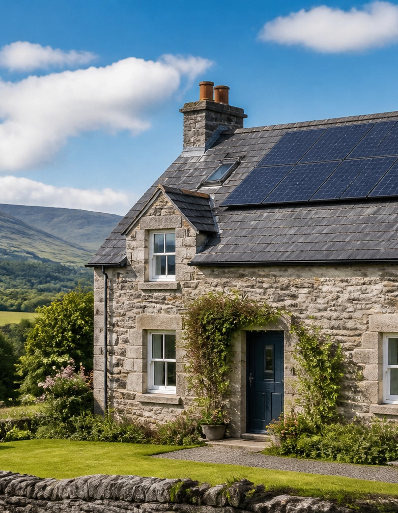 Image of a perthshire home with solar panels and a heat pump