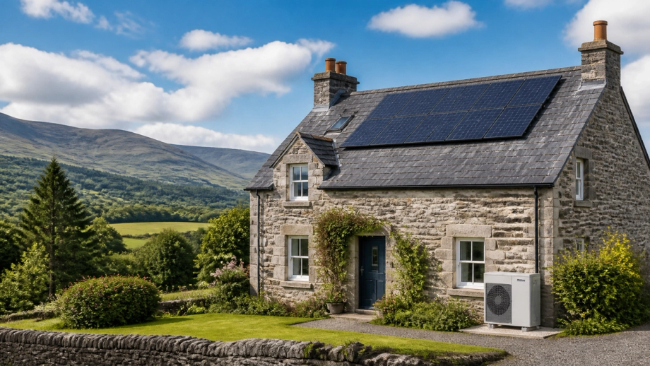 Image of a perthshire home with solar panels and a heat pump