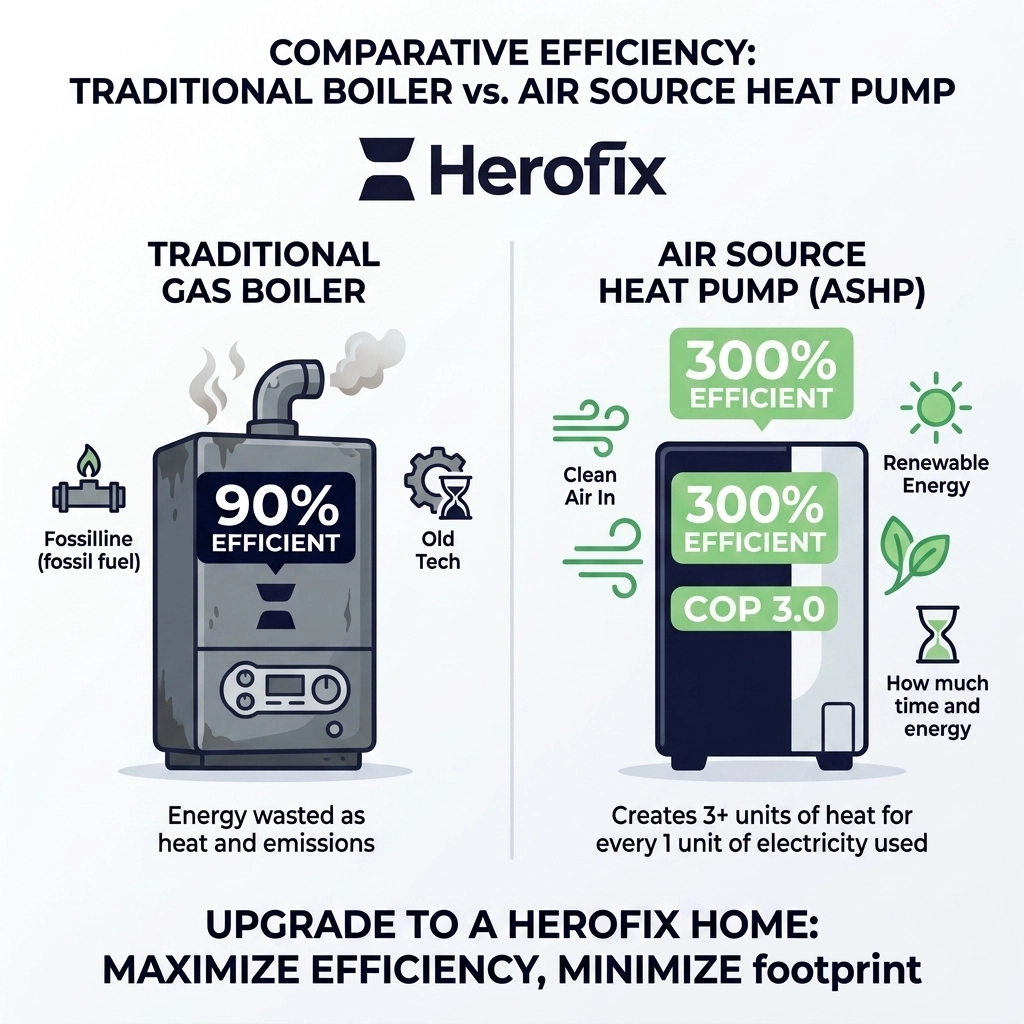 Comparative efficiency between boiler and air source heat pump graphic