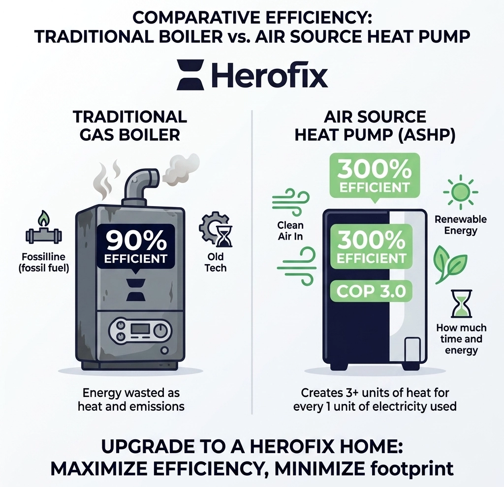Comparative efficiency between boiler and air source heat pump graphic