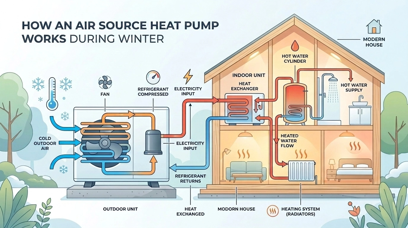 How an air source heat pump works during winter