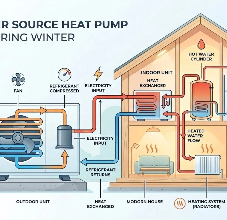 How an air source heat pump works during winter