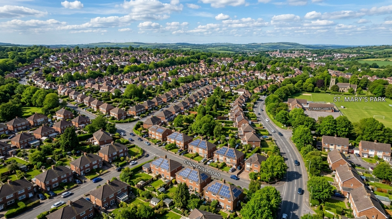Overhead shot of homes in Scotland with solar panels