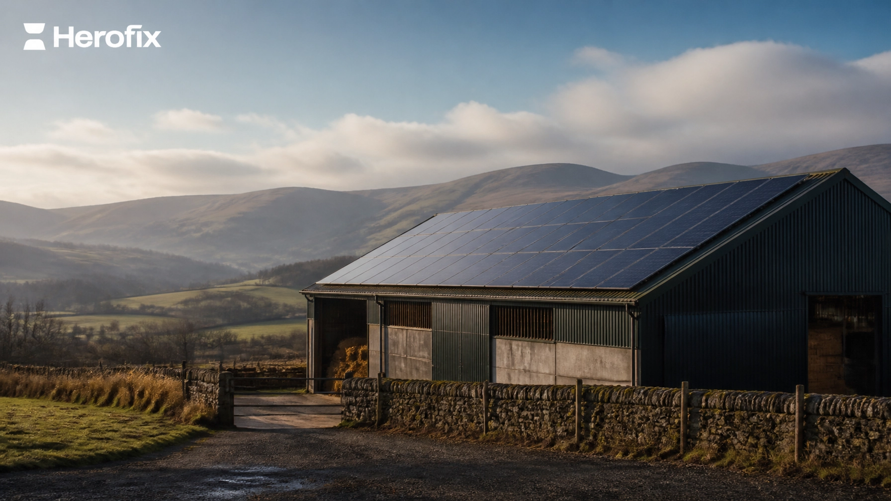 Farm solar panels on an agricultural building in the Perthshire countryside