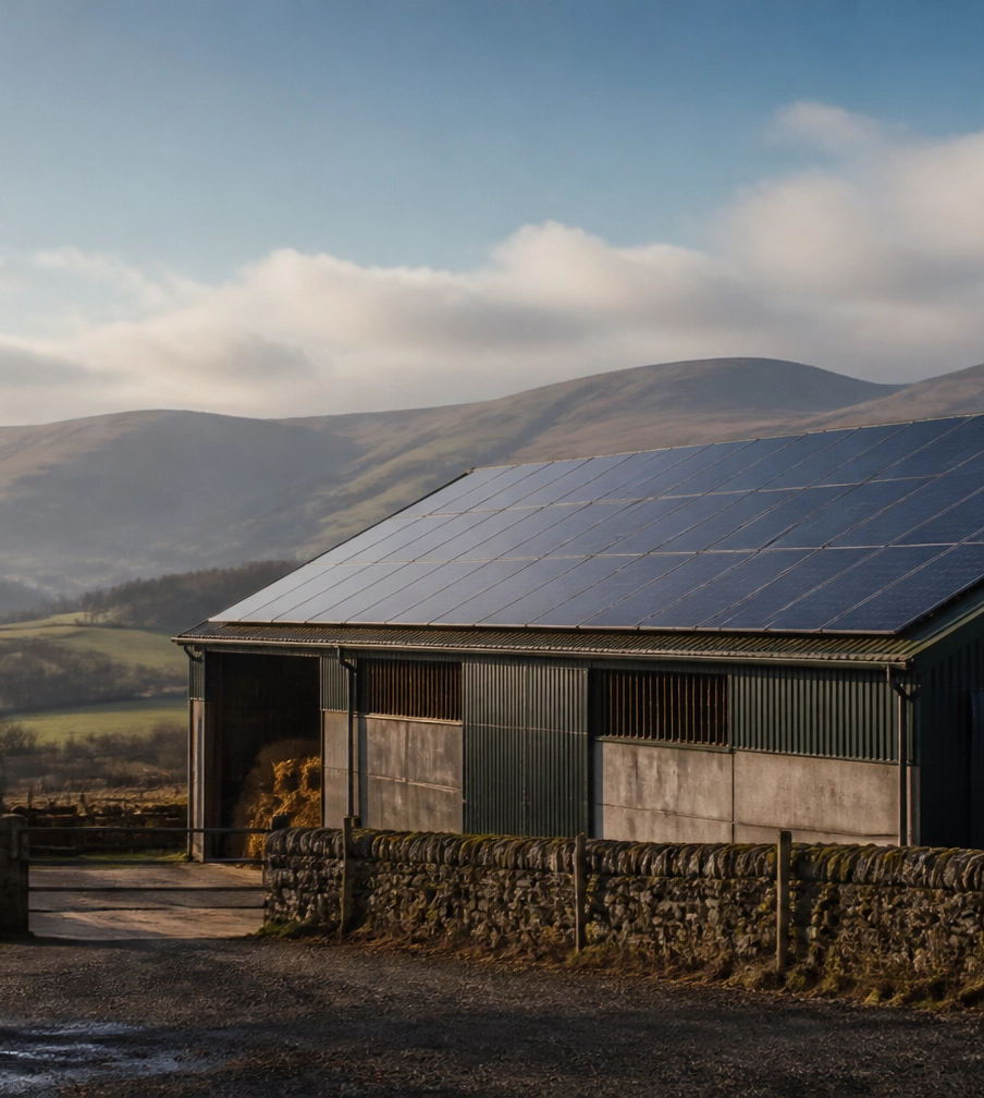 Farm solar panels on an agricultural building in the Perthshire countryside