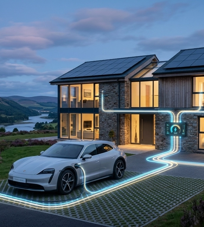 Car being charged on solar panels and energy efficient options
