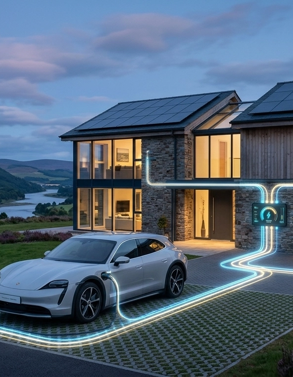 Car being charged on solar panels and energy efficient options