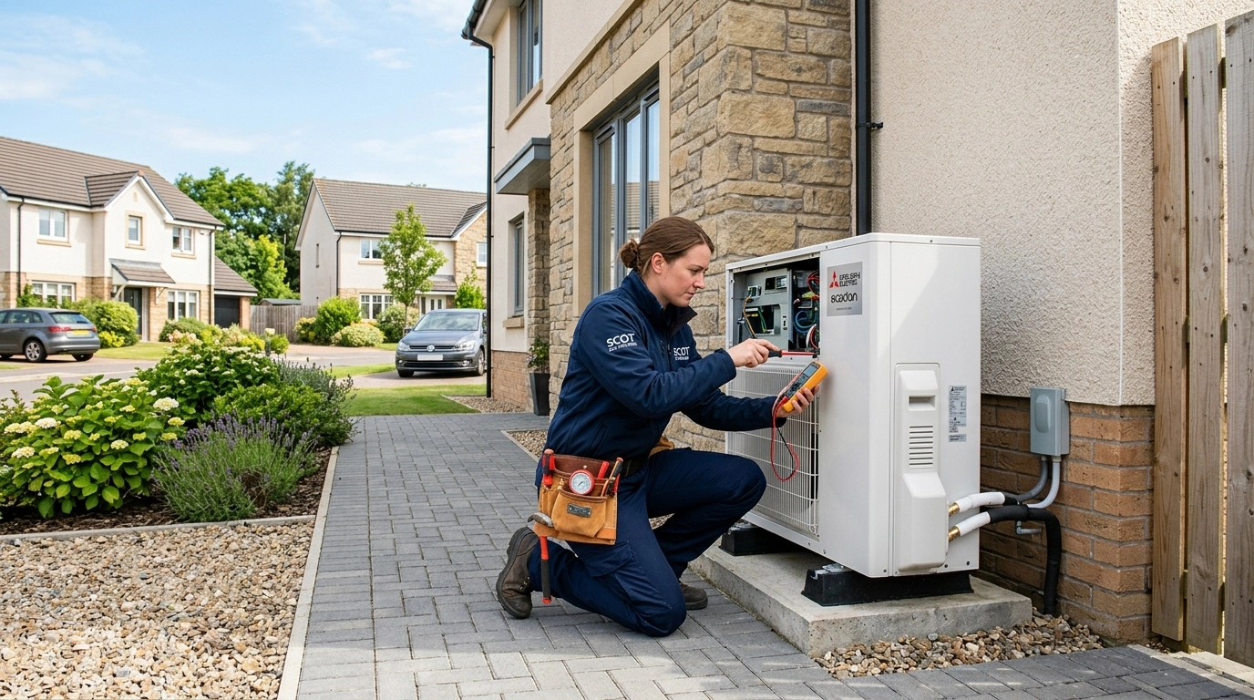 MCS Certified installer working on an air source heat pump