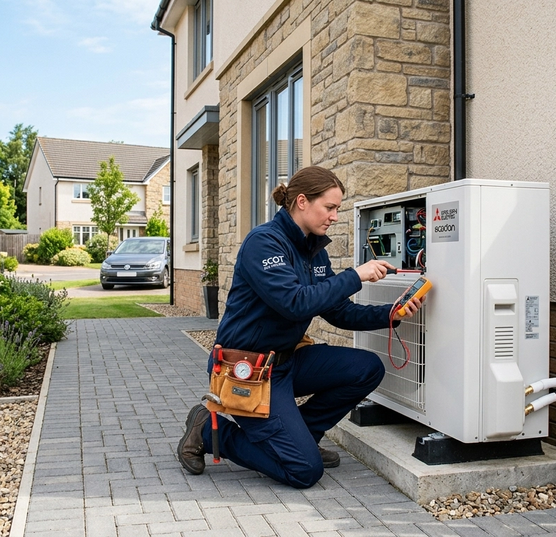 MCS Certified installer working on an air source heat pump
