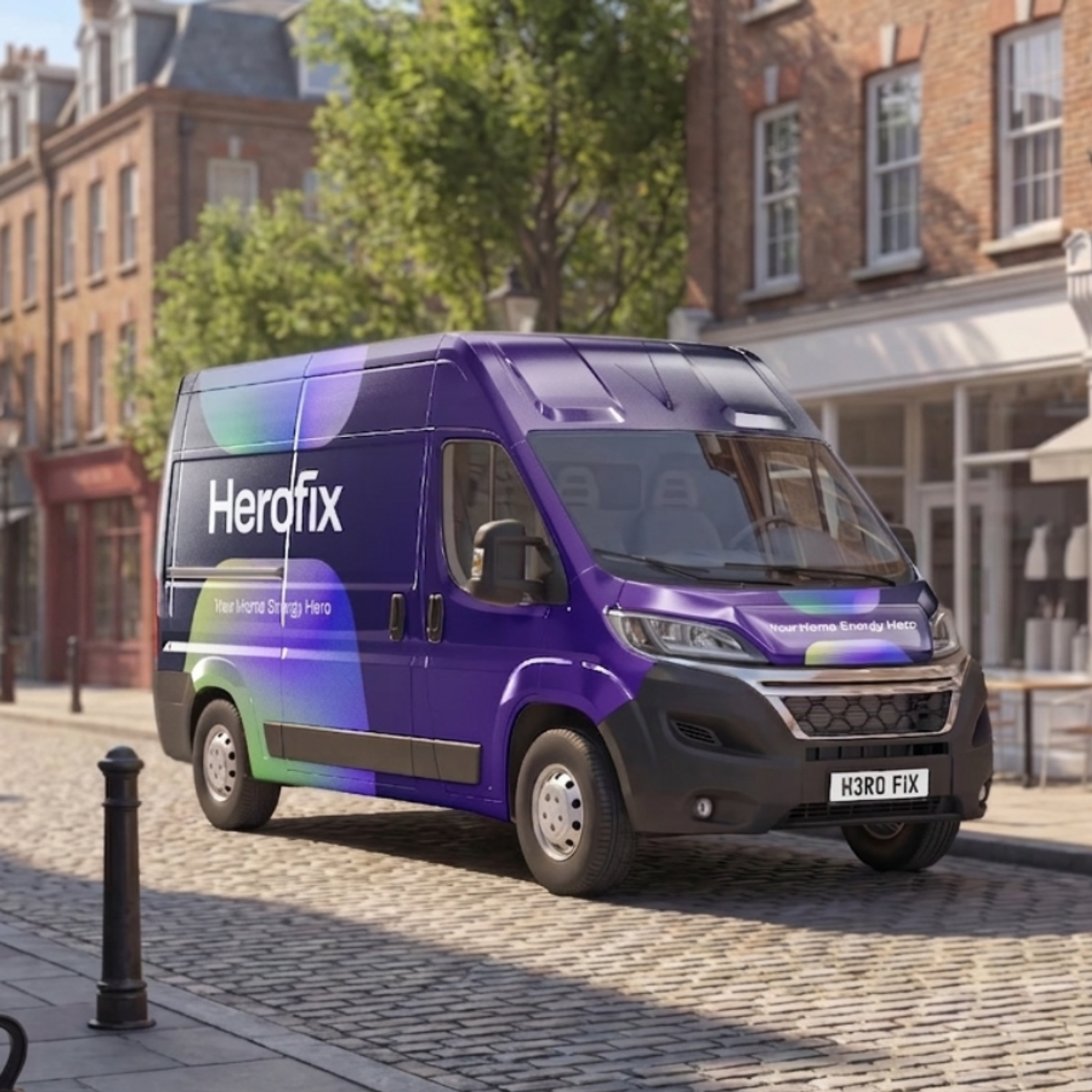 Purple herofix van parked on a sunny street