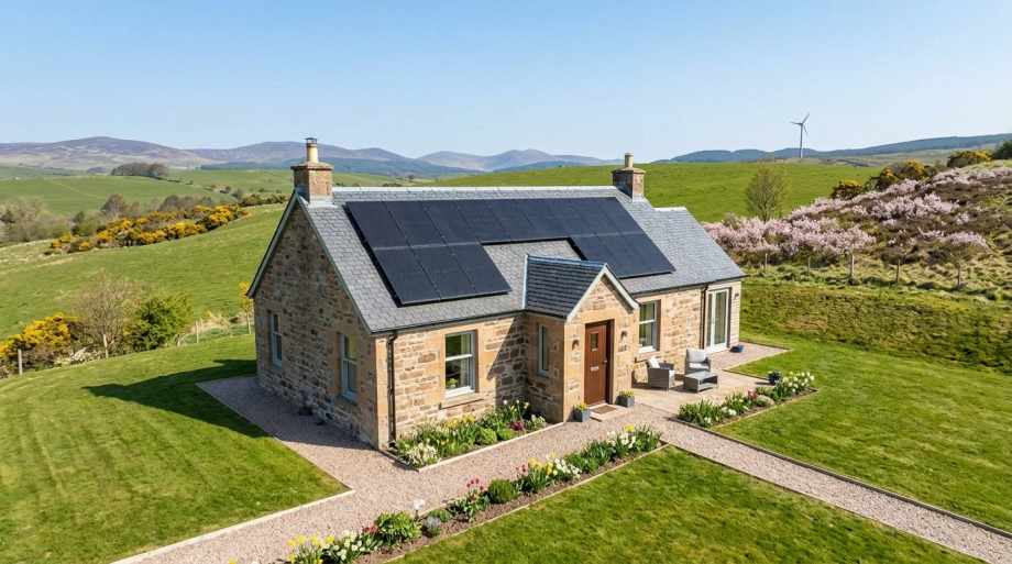 Stone cottage with solar panels on roof in rural Scottish highlands landscape with green fields and mountains in background