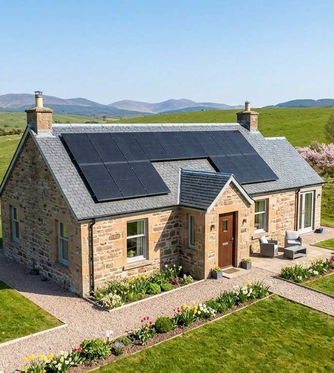 Stone cottage with solar panels on roof in rural Scottish highlands landscape with green fields and mountains in background