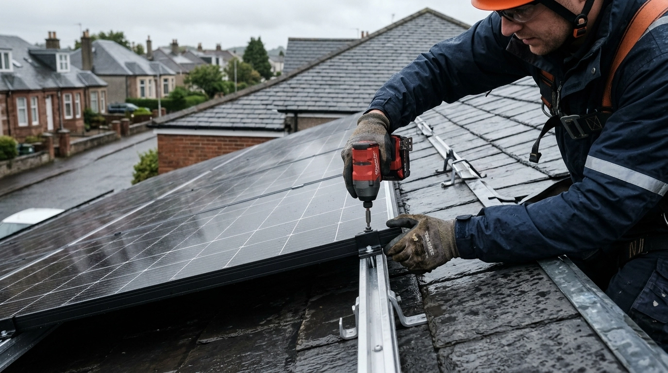 A close-up of high-efficiency solar panels being installed, with the sleek black finish and tidy fitting detail many homeowners now choose.