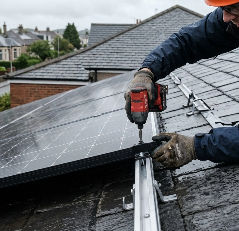 A close-up of high-efficiency solar panels being installed, with the sleek black finish and tidy fitting detail many homeowners now choose.