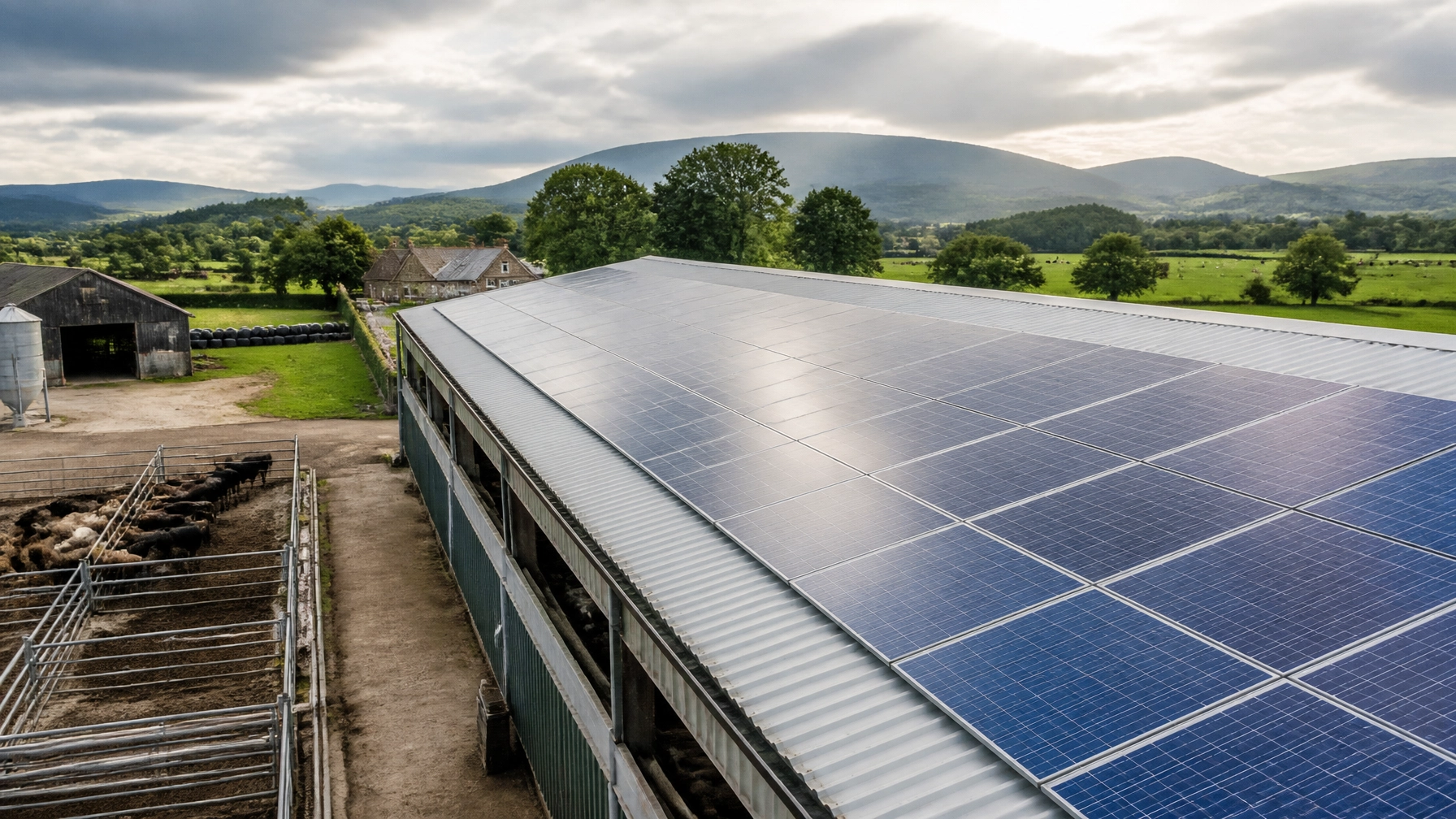 Solar panels on a working Scottish agricultural barn