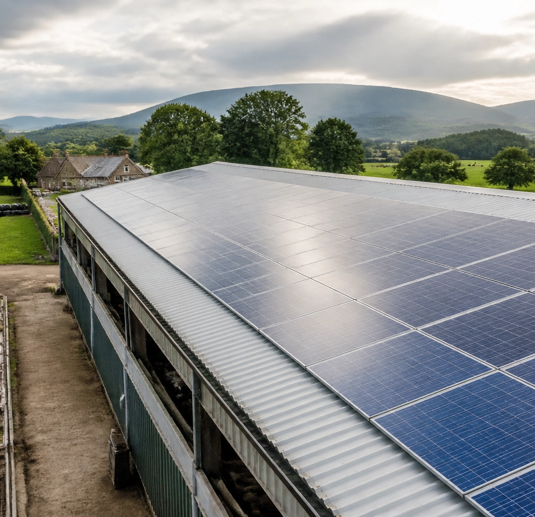 Solar panels on a working Scottish agricultural barn