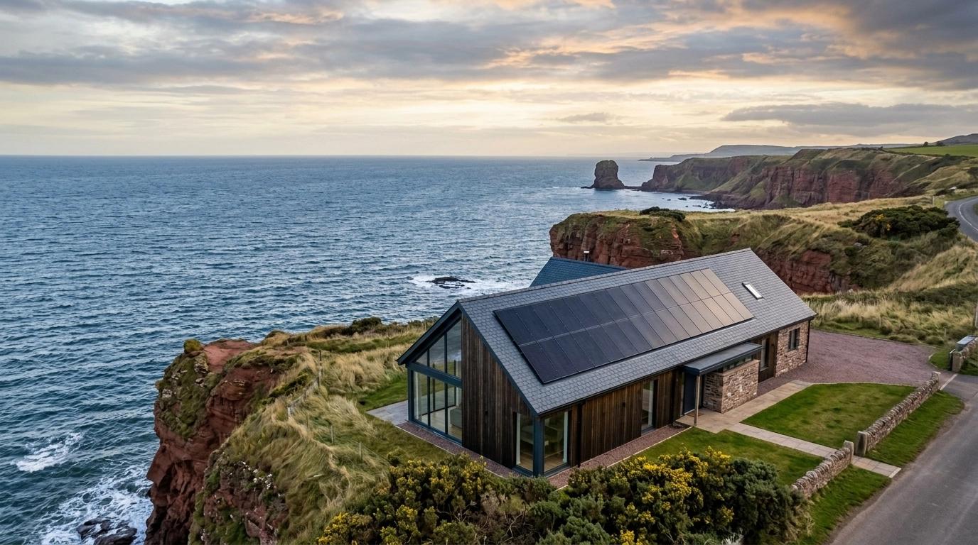 Modern coastal home with solar panels perched on Scottish cliffs overlooking the sea, with red rock formations and green headlands
