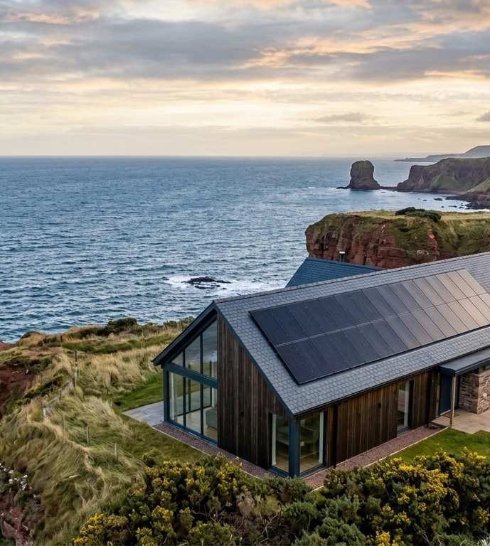 Modern coastal home with solar panels perched on Scottish cliffs overlooking the sea, with red rock formations and green headlands