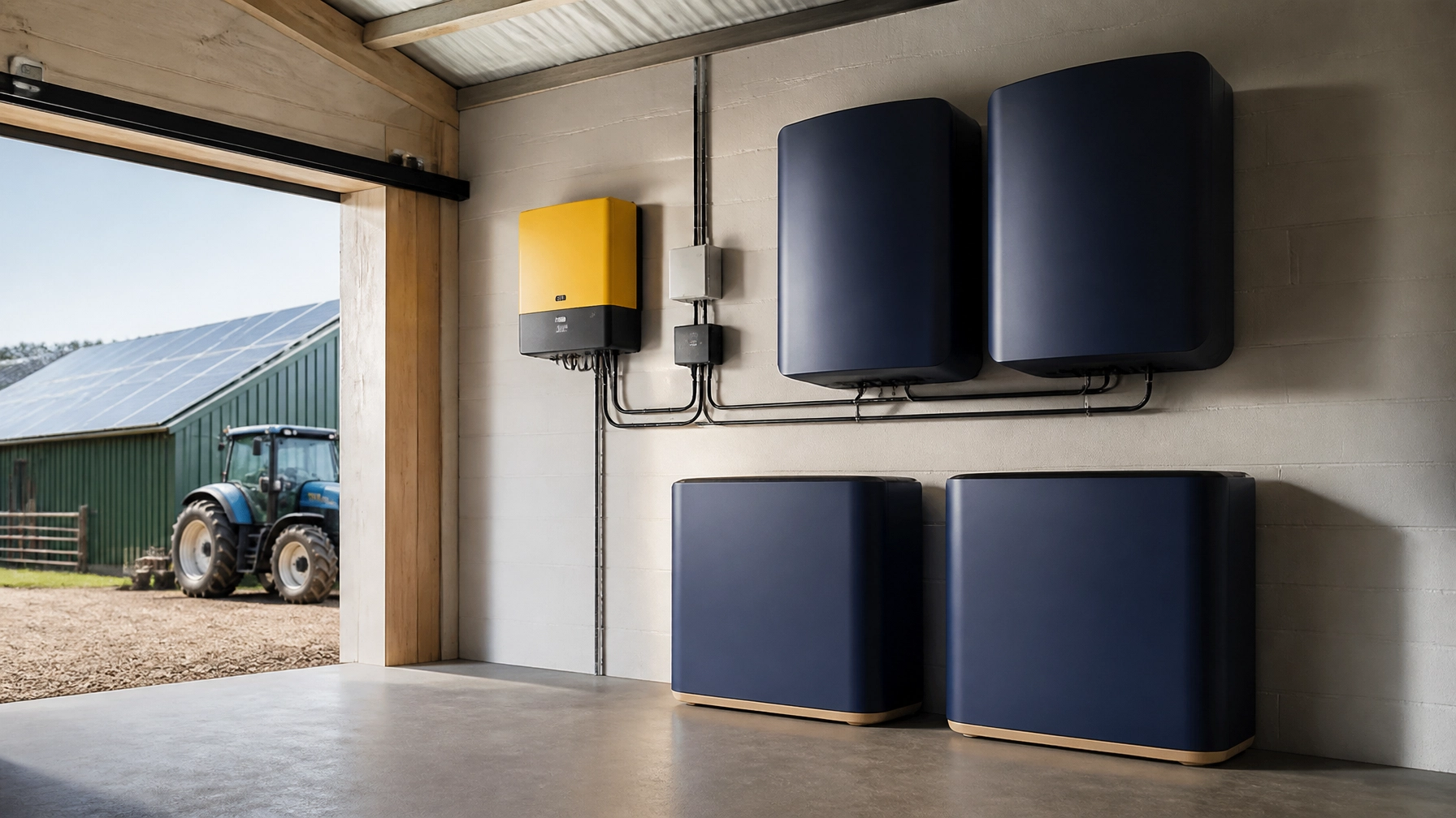 Commercial battery storage beside a farm solar inverter