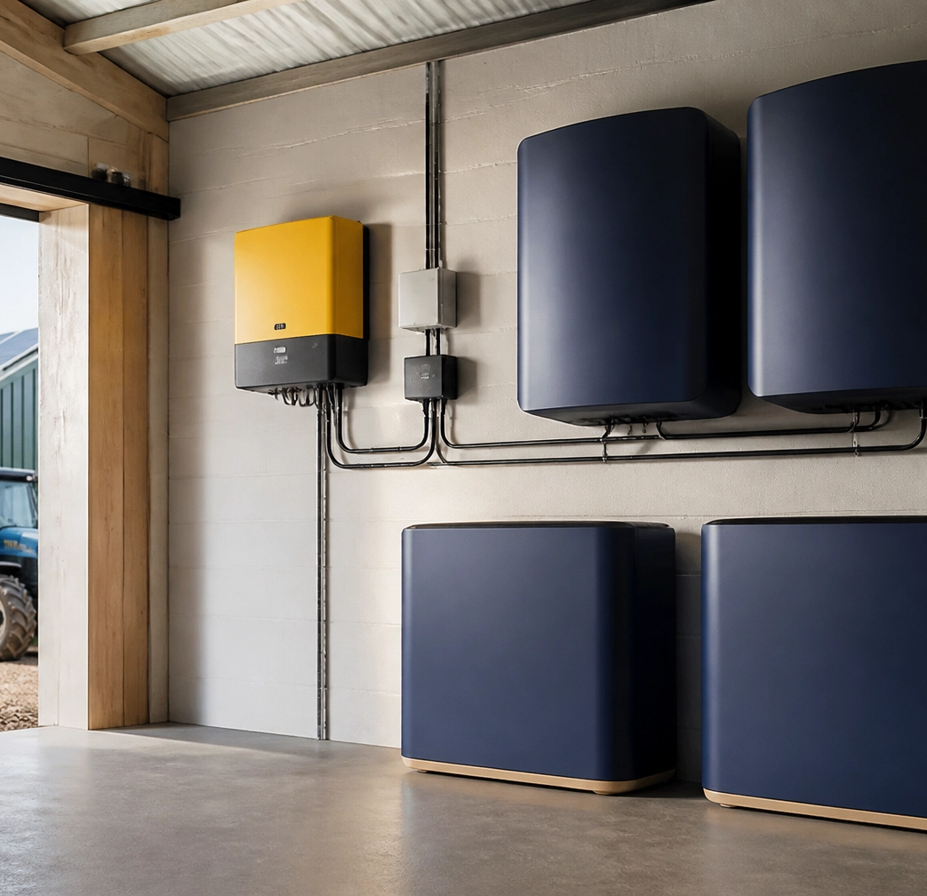 Commercial battery storage beside a farm solar inverter