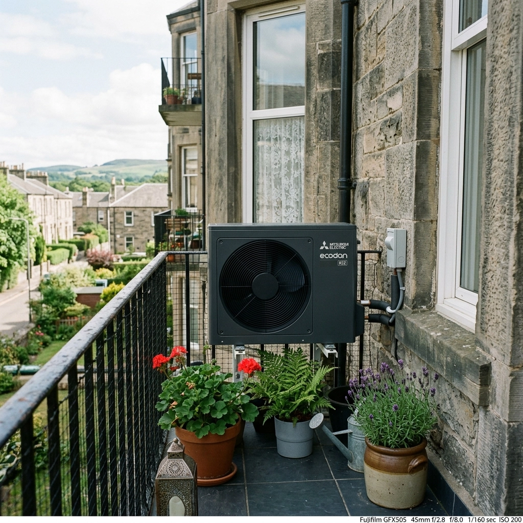 Balcony in Scotland with heat pump installed
