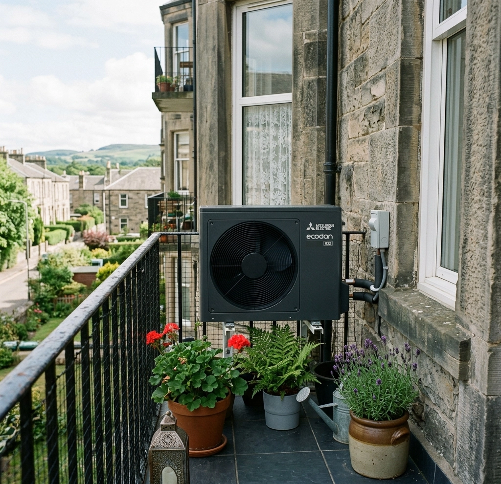 Balcony in Scotland with heat pump installed