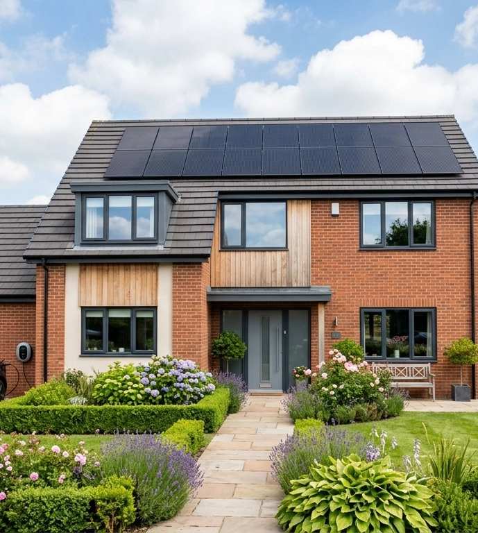 Modern brick house with solar panels on roof, electric car in driveway, manicured garden with flowers and shrubs