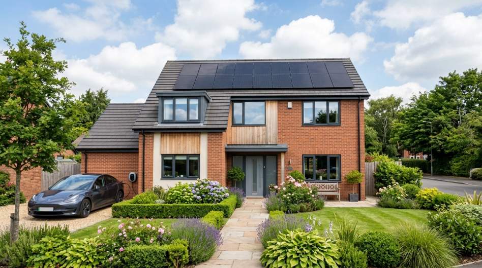 Modern brick house with solar panels on roof, electric car in driveway, manicured garden with flowers and shrubs