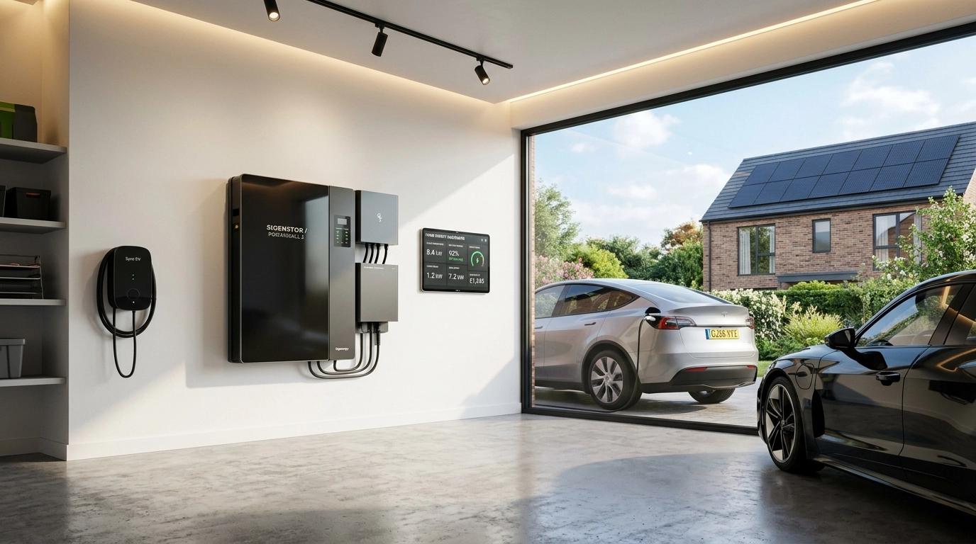 Modern garage interior with two electric vehicles charging, wall-mounted charging stations, and large window overlooking house with solar panels