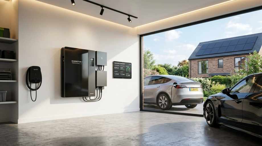 Modern garage interior with two electric vehicles charging, wall-mounted charging stations, and large window overlooking house with solar panels