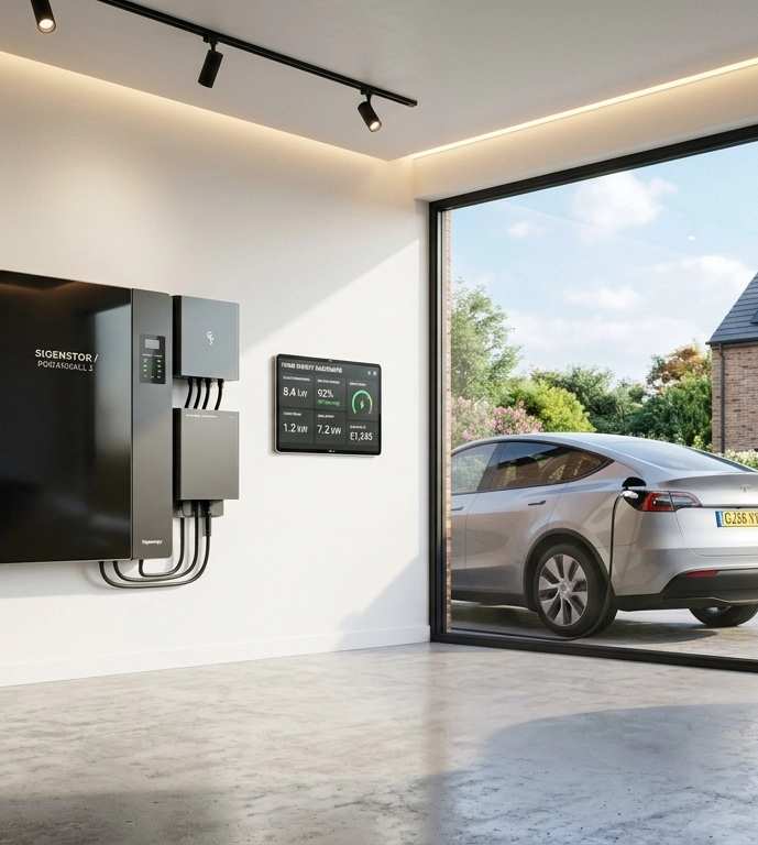 Modern garage interior with two electric vehicles charging, wall-mounted charging stations, and large window overlooking house with solar panels