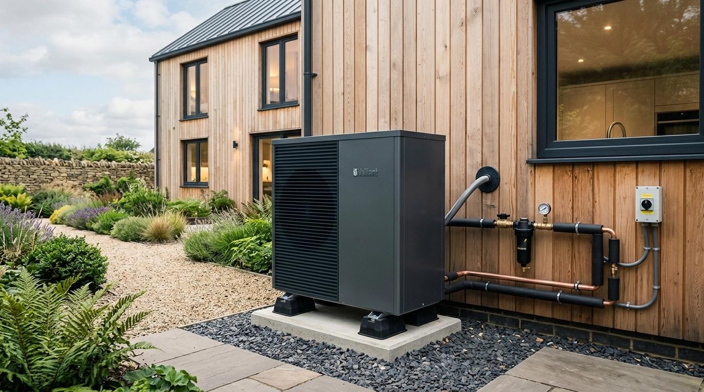 Modern wooden house with black heat pump unit and piping installed on gravel, surrounded by landscaped garden with stone walls