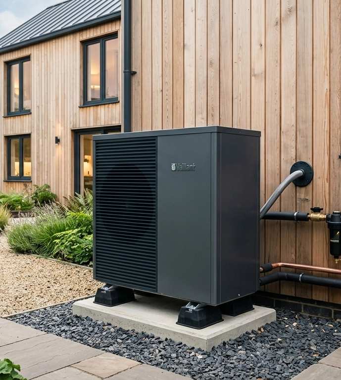 Modern wooden house with black heat pump unit and piping installed on gravel, surrounded by landscaped garden with stone walls