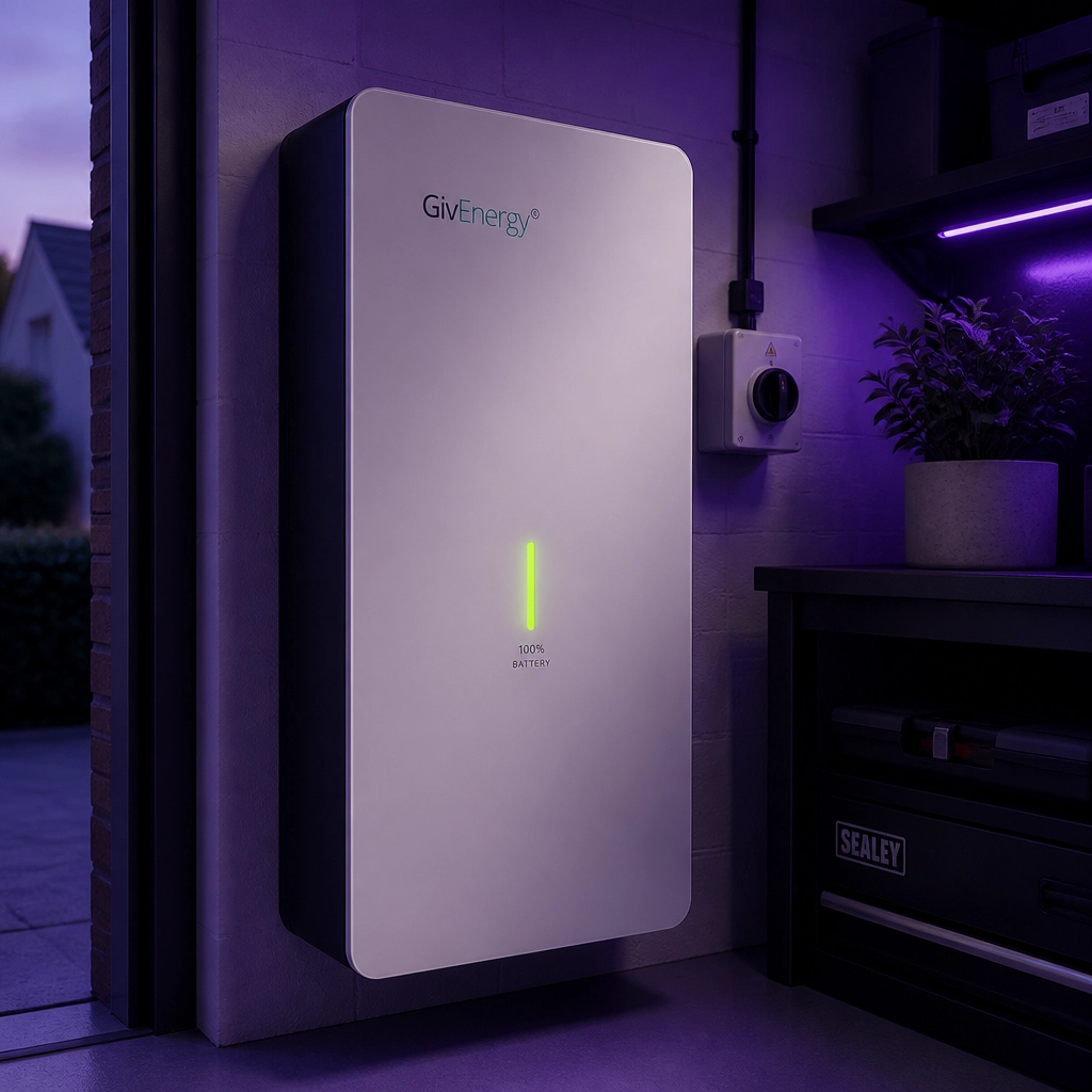 A sleek solar battery storage unit in a UK home, glowing with green and purple light.