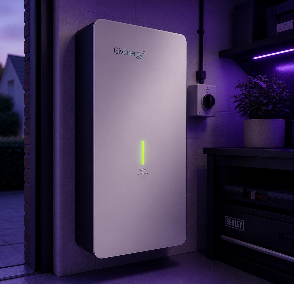 A sleek solar battery storage unit in a UK home, glowing with green and purple light.