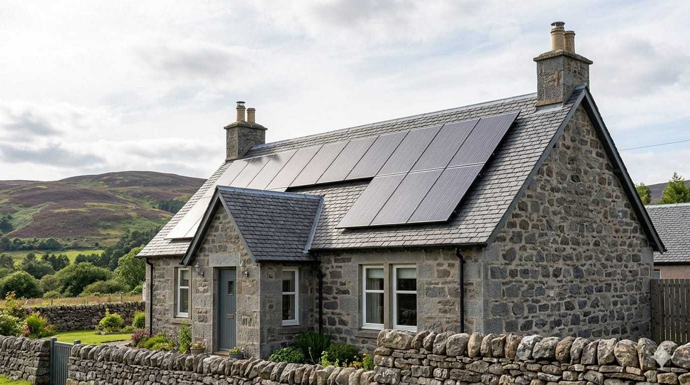 Bungalow with solar panels on the roof in the highlands.