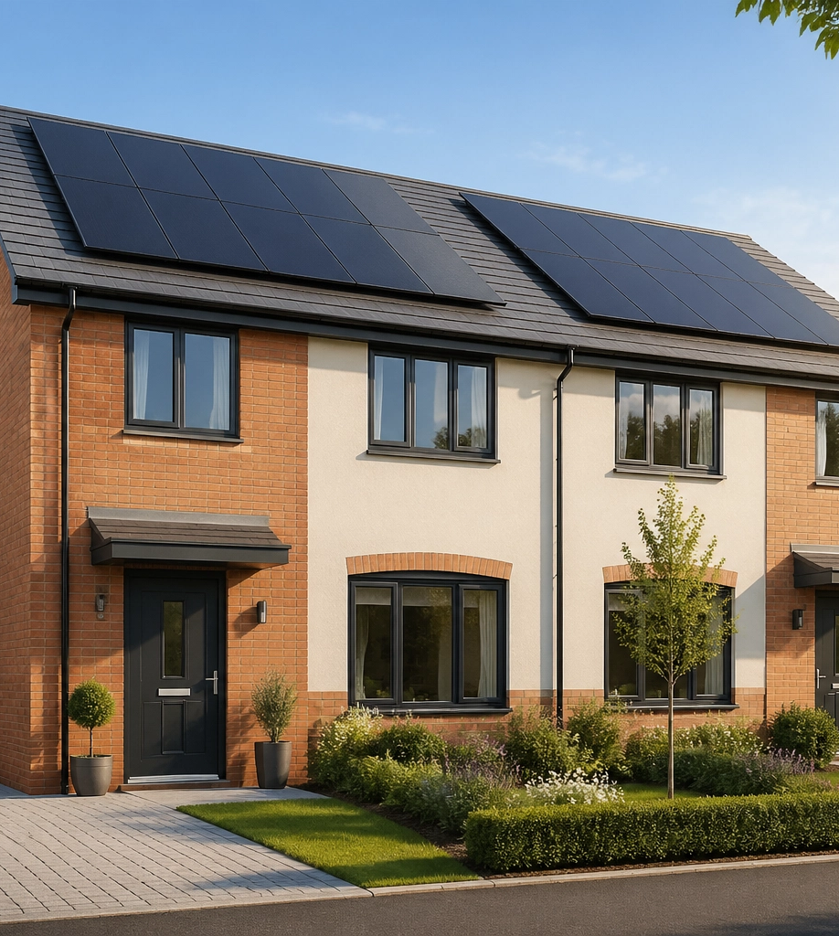 Modern brick house with solar panels on roof, multiple windows, attached garage, landscaped front garden and paved driveway