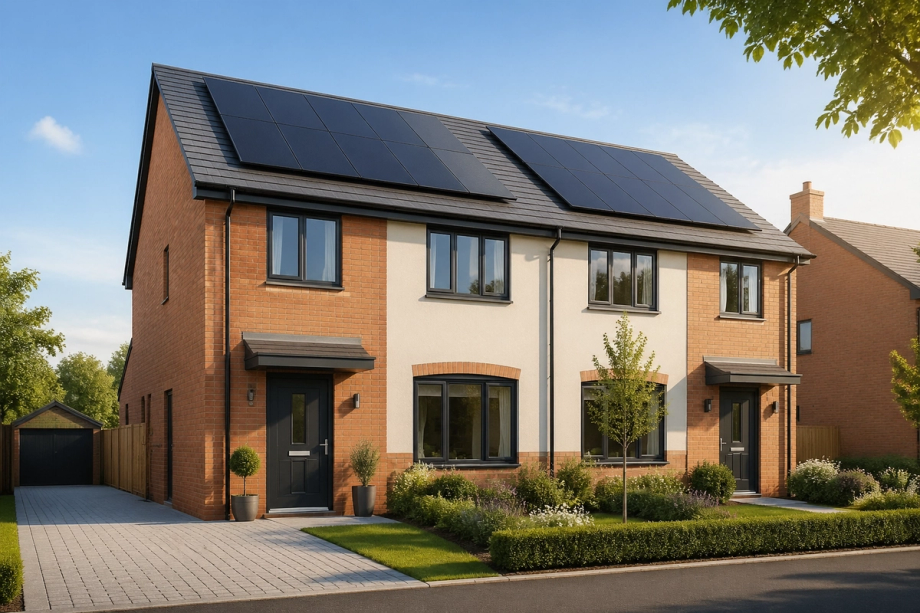Modern brick house with solar panels on roof, multiple windows, attached garage, landscaped front garden and paved driveway