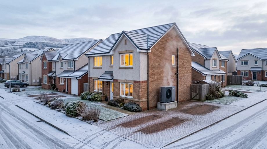 New build home with heat pump in the snow