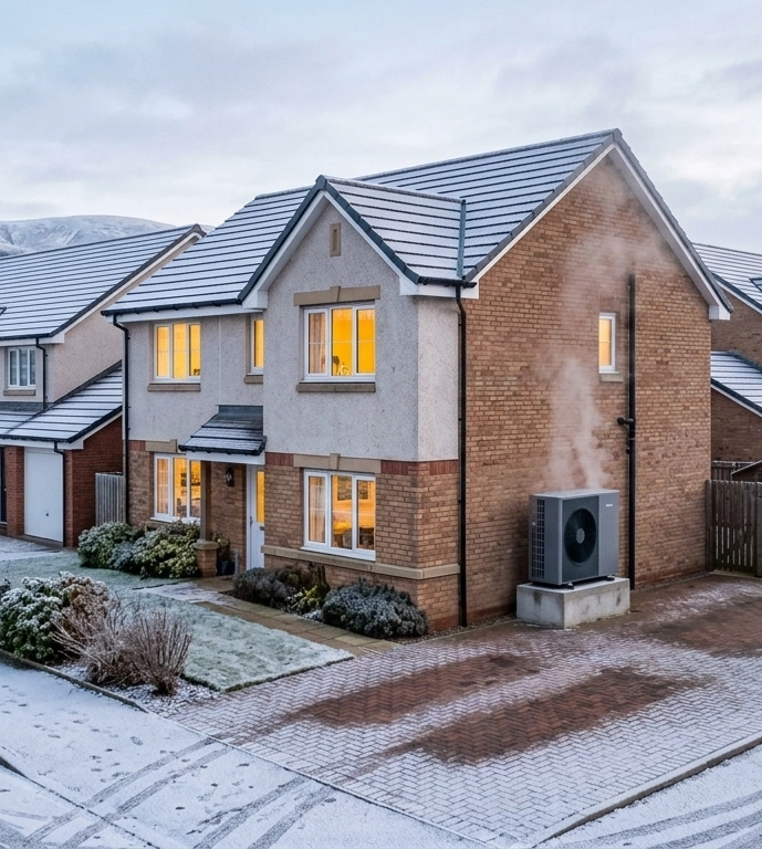 New build home with heat pump in the snow