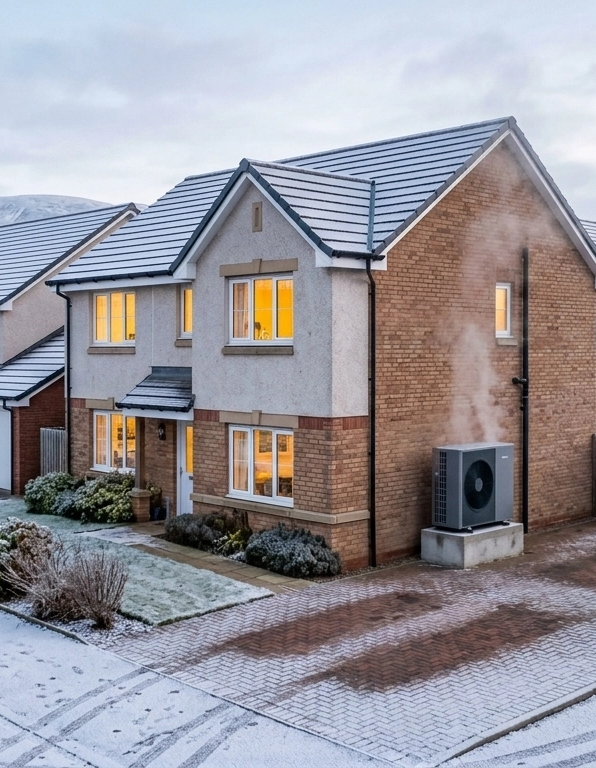 New build home with heat pump in the snow