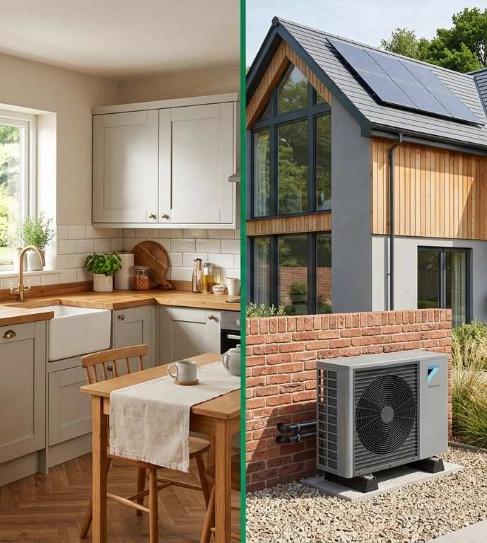 Split image showing modern kitchen with boiler on left and contemporary house exterior with solar panels and heat pump on right