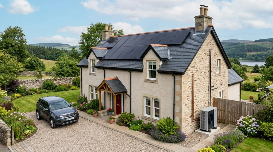 Modern stone cottage with solar panels, gravel driveway, parked car, manicured gardens, and scenic loch and woodland views