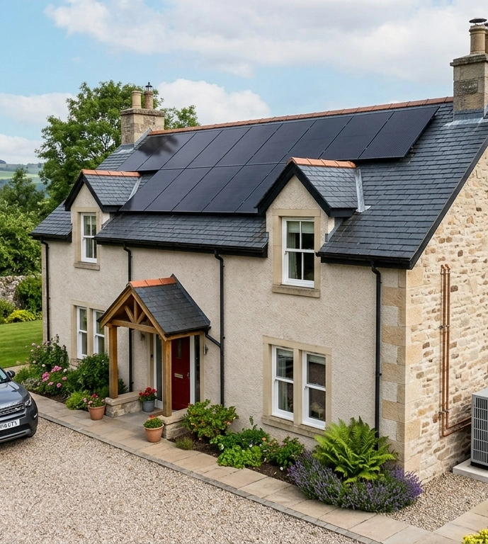 Modern stone cottage with solar panels, gravel driveway, parked car, manicured gardens, and scenic loch and woodland views