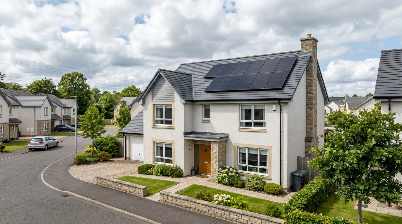 A medium-sized solar array on a standard family home in Dundee, showing the kind of 10–12 panel setup that suits many Tayside properties.