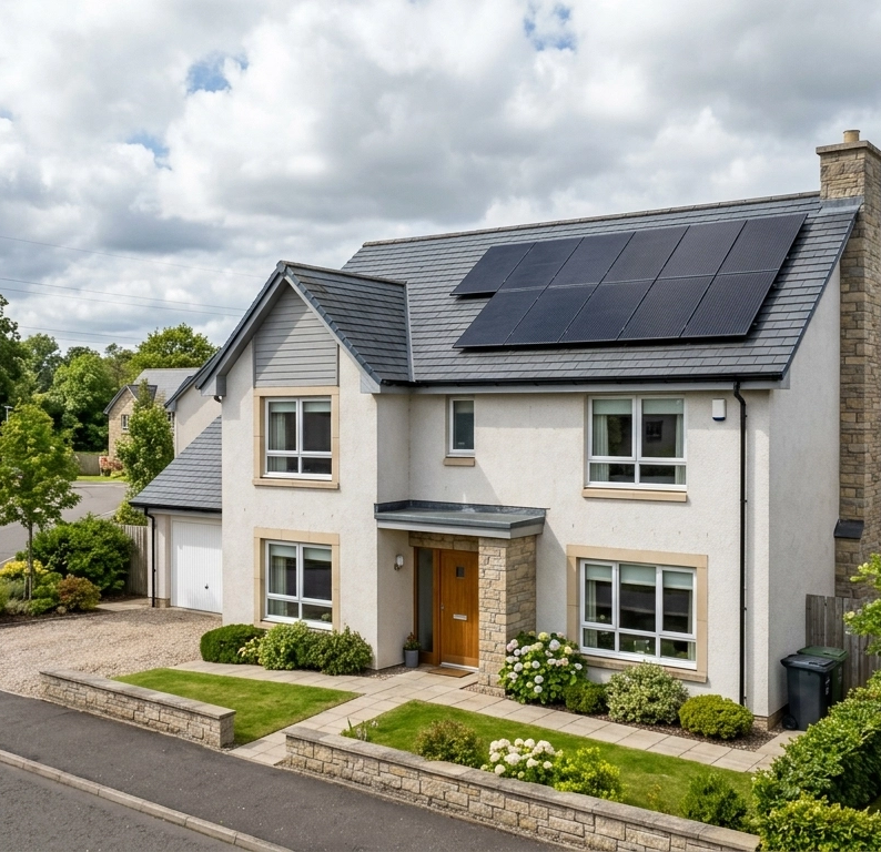 A medium-sized solar array on a standard family home in Dundee, showing the kind of 10–12 panel setup that suits many Tayside properties.
