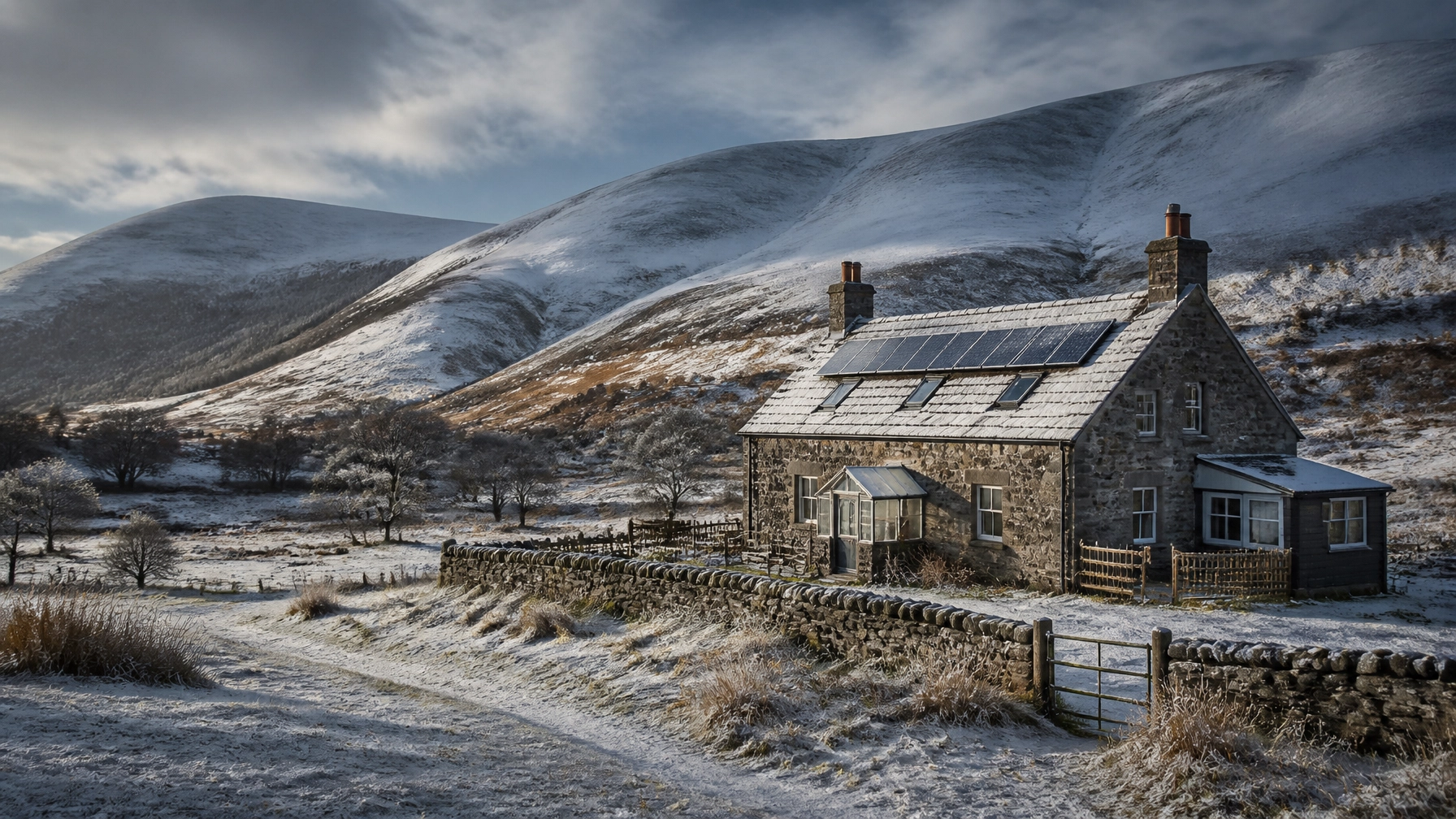 Rural solar panel scottish home in the snow